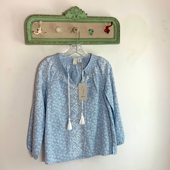 New Joie Embroidered Bohemian V neck tassel top sky blue xs nwt - Picture 1 of 6